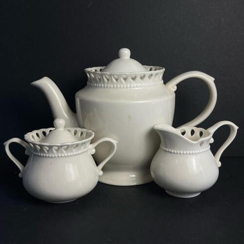 Vintage White Porcelain Teapot, Creamer, and Sugar Bowl Set Godinger-Style
