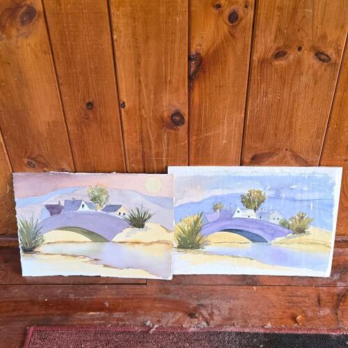 Signed Pair Watercolor Landscape Paintings in Contemporary Style