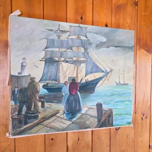 Harbor Scene Oil Painting Signed Doris MacMichael 1948 20"x24"