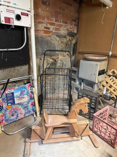 Folding Chair, Cart, Crate, Rocking Horse, Bird Bath and Small Parts Caddy