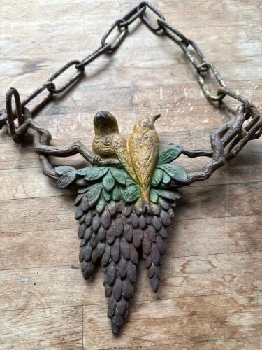 Cast Iron Hanging Chain with Painted Birds and Leaves