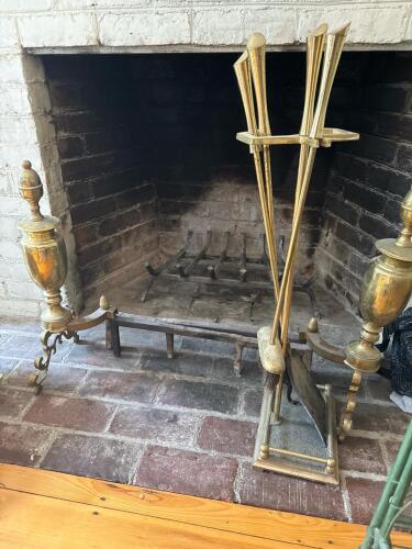 Brass Fireplace Andirons, Grate and Tool Set in Traditional Style