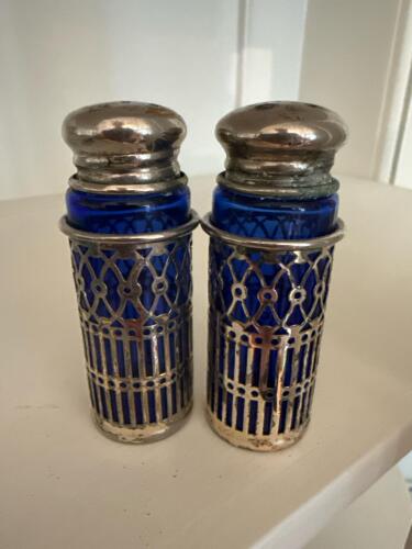 Pair Silver Overlay Cobalt Glass Salt and Pepper Shakers