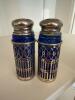 Pair Silver Overlay Cobalt Glass Salt and Pepper Shakers