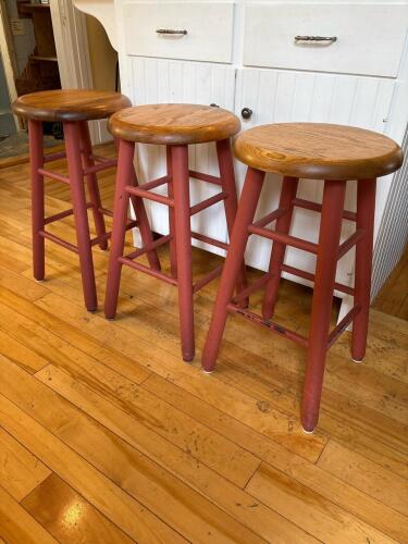 Three Farmhouse-Style Wooden Bar Stools with Red Legs