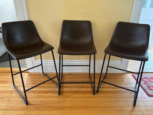 Set of Three Brown Faux Leather Bar Stools with Metal Base