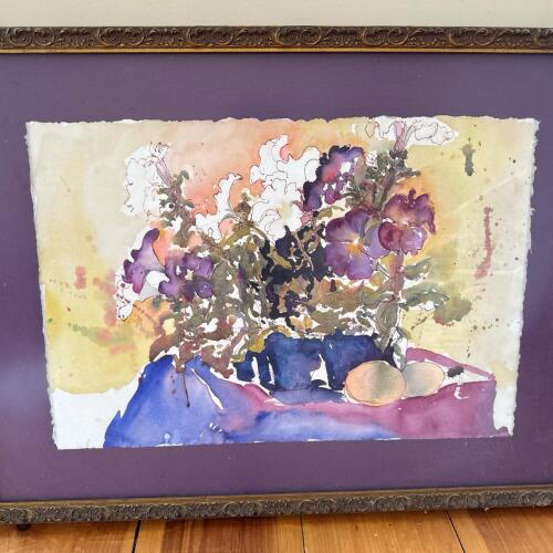 Framed Watercolor Floral Still Life in the Manner of Mid-Century Modern