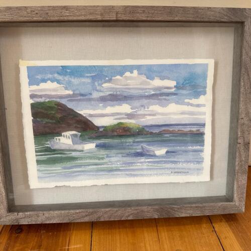 Framed Watercolor Coastal Scene in Rustic Wood Frame