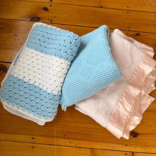 Crocheted and Woven Baby Blankets with Satin Trim