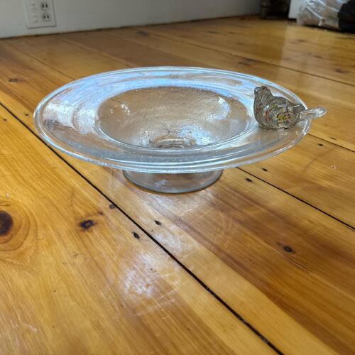 Hand-Blown Glass Bowl With Applied Bird Decoration
