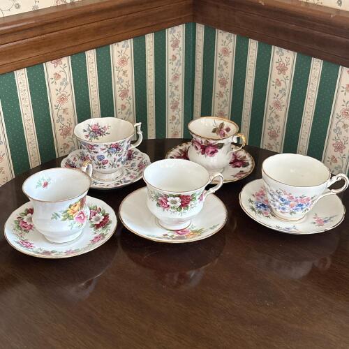 Bone China Floral Teacups and Saucers Ten Piece Lot
