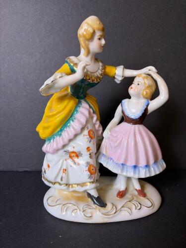Porcelain Figurine of Woman and Girl in 18th-Century Style Dress