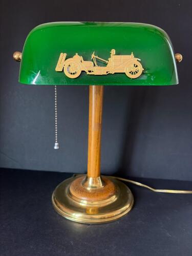 Banker's Desk Lamp With Green Glass Shade and Car Motif