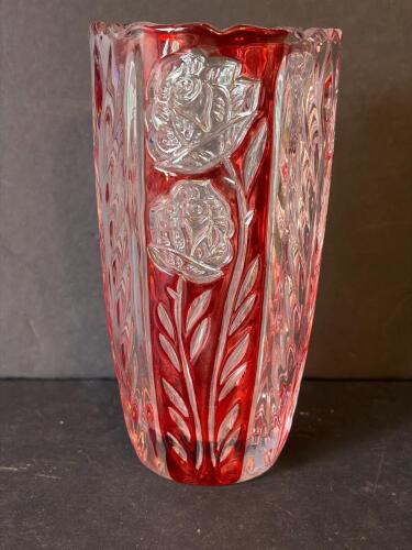Pressed Glass Vase With Ruby Flashed Floral Design