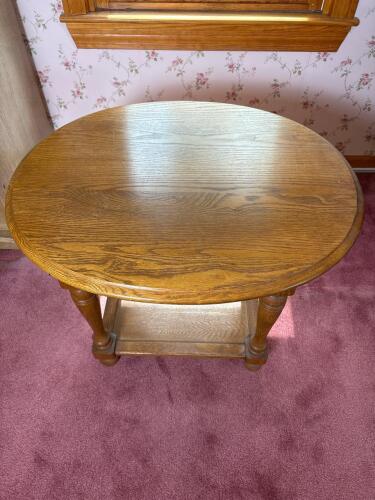 Oval Oak One-Drawer Side Table with Shelf, Traditional Style