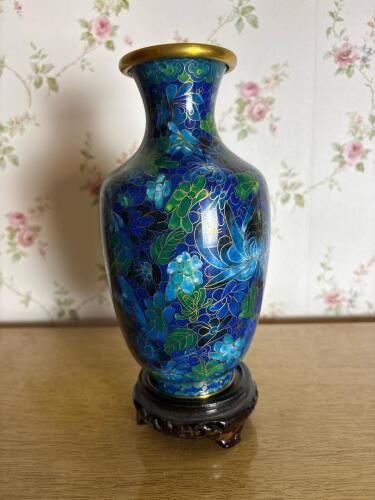 Cloisonn&eacute; Floral Vase with Wooden Stand, Asian-Style