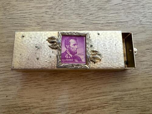 Vintage Brass Stamp Box with Abraham Lincoln Four Cent Stamp