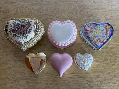 Six Assorted Heart-Shaped Trinket Boxes in Decorative Styles