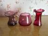 Three Hand Blown Cranberry-Style Glass Pitchers and Vase - 3