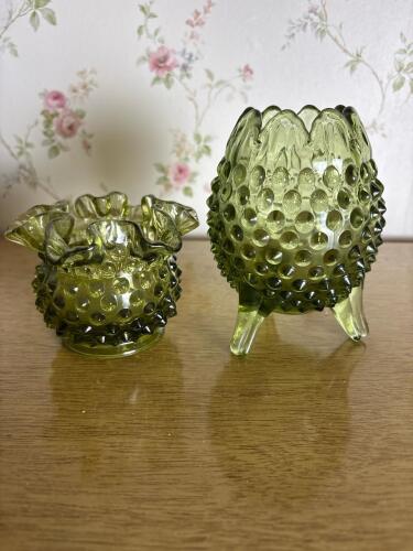 Two Green Hobnail Glass Rose Bowl and Compote Set