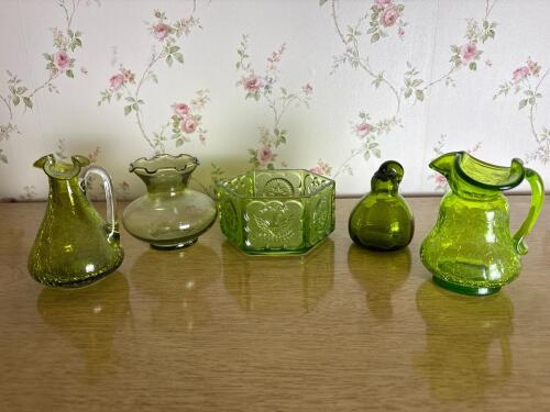 Five Assorted Green Crackle and Pressed Glass Miniatures