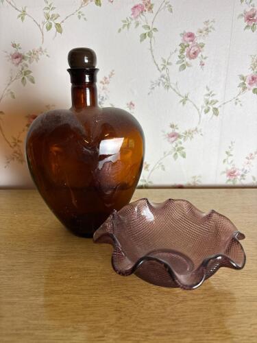Paul Masson Heart-Shaped Amber Glass Bottle and Ruffled Glass Bowl