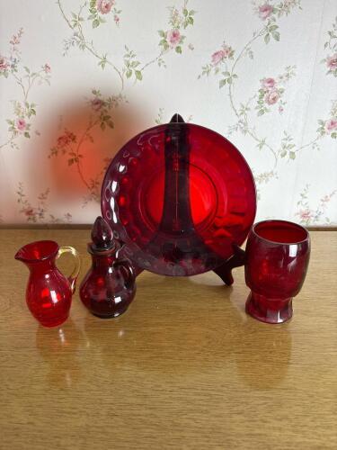Four Ruby Red Glass Miniatures and Plate Set