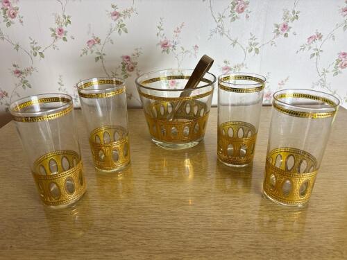 Culver Gold Gilded Glasses and Ice Bucket Set with Tongs