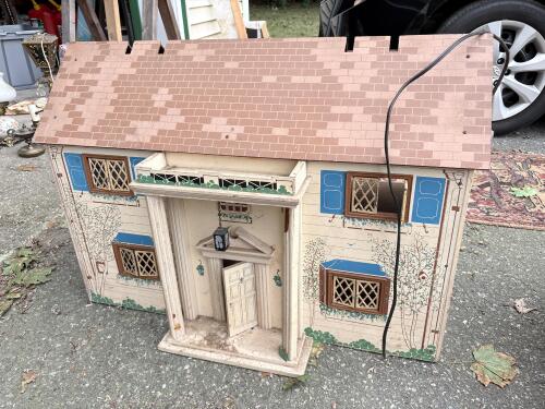 Large Vintage Colonial-Style Wooden Dollhouse with Box of Accessories