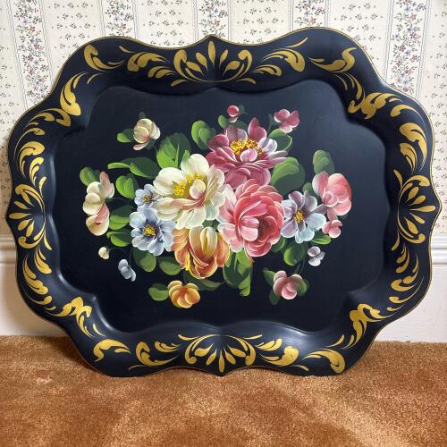 Vintage Hand Painted Toleware Tray With Floral Motif