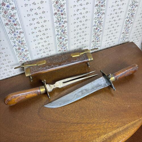 Carved Wood Handle Knife and Fork Set with Ornate Sheath