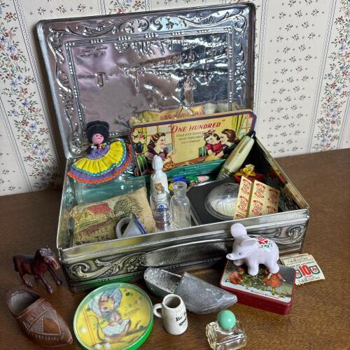 Vintage Tiny Trinkets in Embossed Metal Box