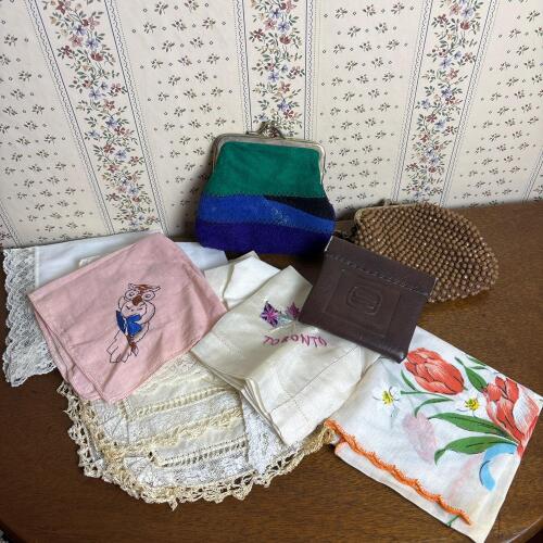 Vintage Coin Purses and Embroidered Handkerchiefs