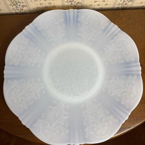 Vintage Milk Glass Plate With Floral Scroll Pattern