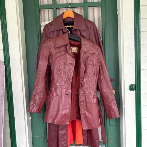 Two Vintage Genuine Leather Maroon Coats