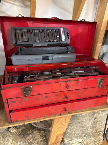 Metal Toolbox With Assorted Hand Tools and Socket Sets