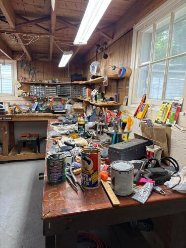 Picker Lot Featuring TWO Workbenches of Items! Plus Storage and Other Finds