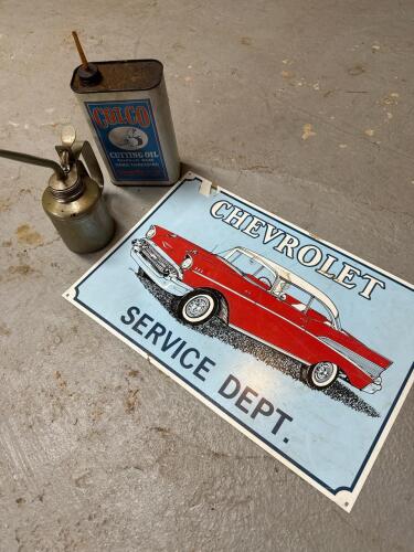 Chevrolet Service Dept. Sign, Colco Cutting Oil Can, Oil Can