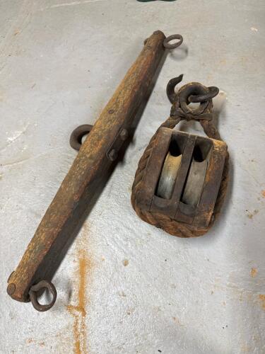 Antique Wood and Iron Double Sheave Block and Yoke