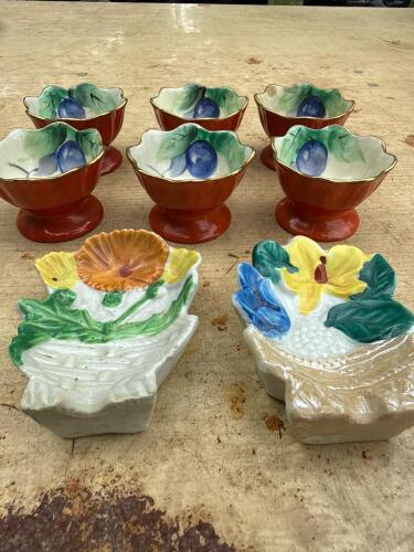 Hand Painted Japanese Salt Cellars and Pair of Floral Basket Spoon Rests