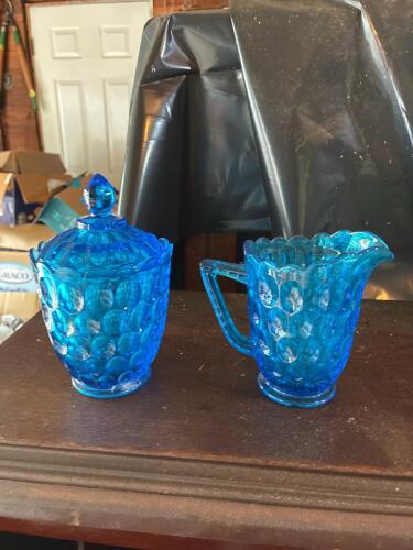 Blue Fenton Thumbprint Colonial Blue Creamer and Sugar Bowl