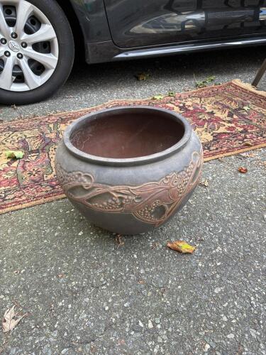 Art Nouveau-Style Stoneware Jardiniere with Relief Grapevine Motif