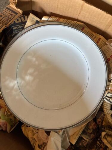 Three Boxes of Mystery Silver and White Porcelain Dinnerware
