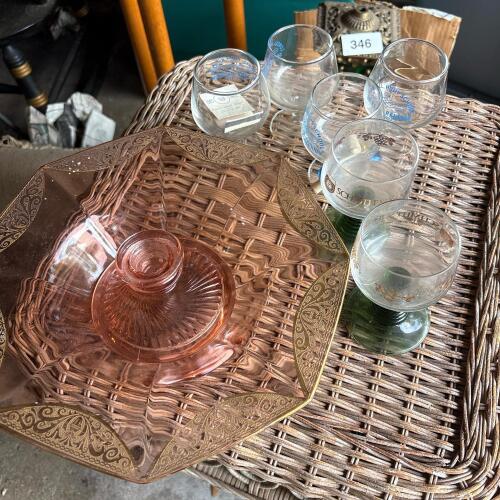 Pink Glass Centerpiece Bowls and Souvenir Stemware Lot