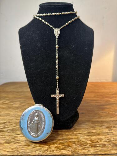 Sterling Silver Rosary with Crucifix and Blue Metal Case