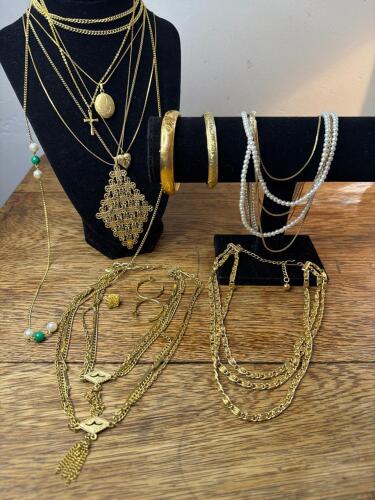 Assorted Gold-Tone Bracelets, Necklaces, and Jewelry, Floral-Style