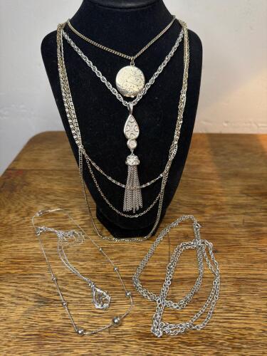 Mixed Silver-Tone Necklaces With Locket and Tassel Pendant