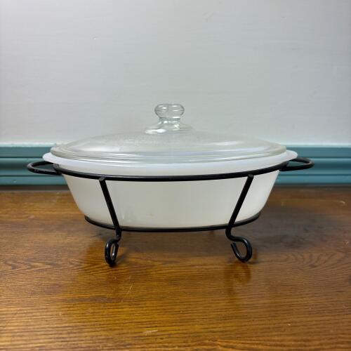 Glasbake White Oven Dish with Glass Lid and Metal Stand