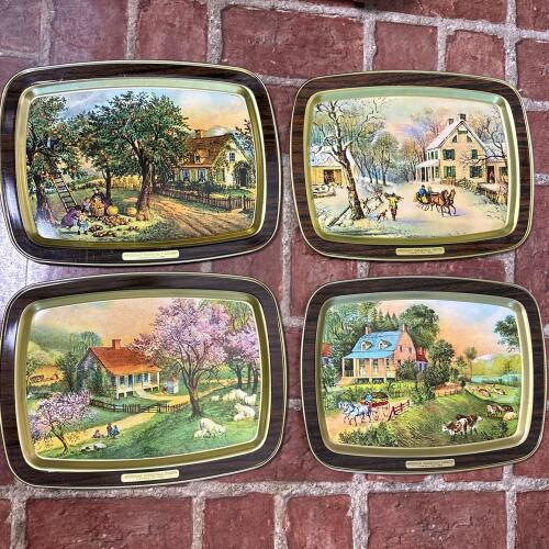 Four Currier and Ives American Homestead Seasons Decorative Trays