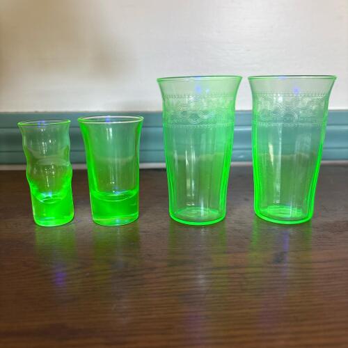 Two Vintage Uranium Glass Tumblers and Shot Glasses